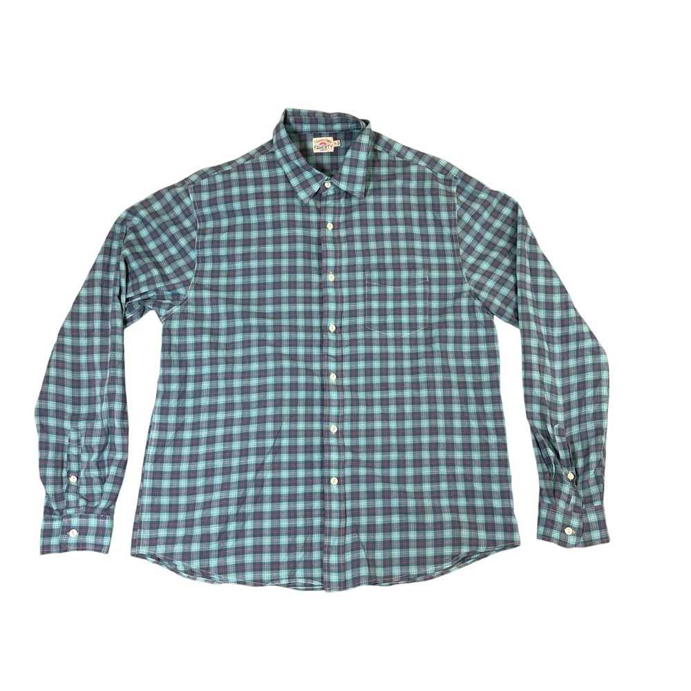 Faherty Brand Mens XL Teal Blue Plaid Long Sleeve Button Down Shirt Pocket